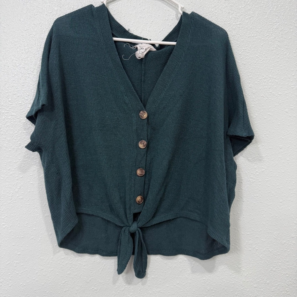 Sadie & Love Dark Teal Waffle Knit Button‎ Front Tie Hem Top Large JE90653
